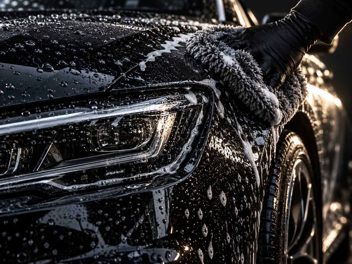 Gloved hand washing a black car's headlight with a microfiber mitt