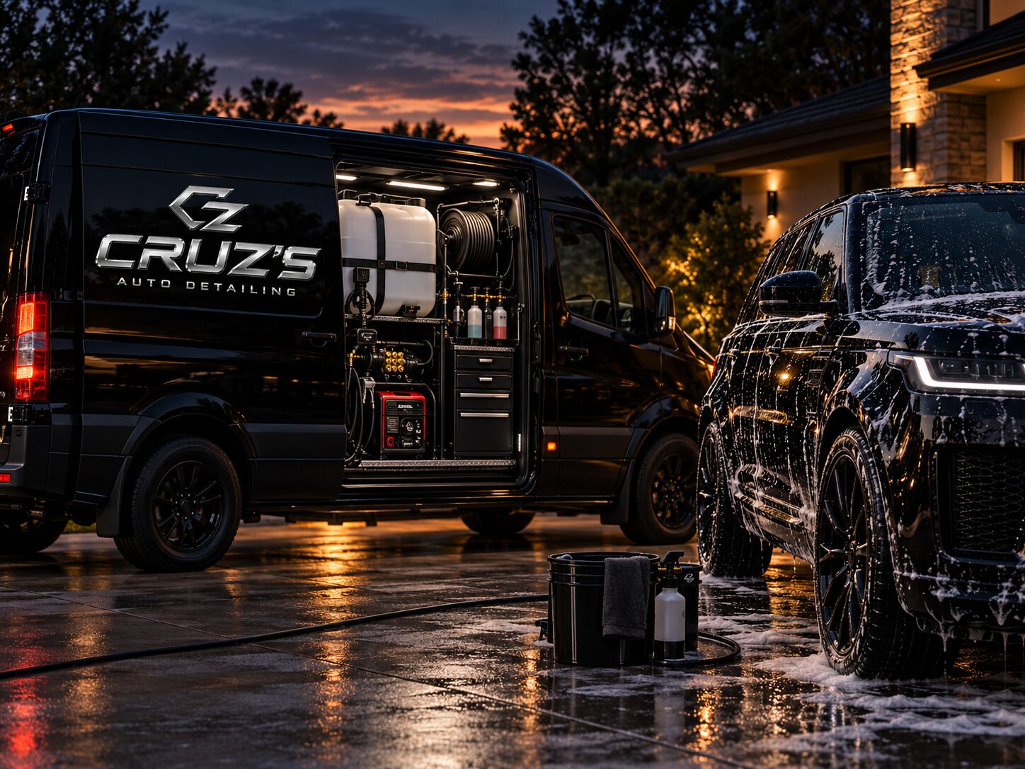 Cruz's mobile detailing van with its water tank and equipment