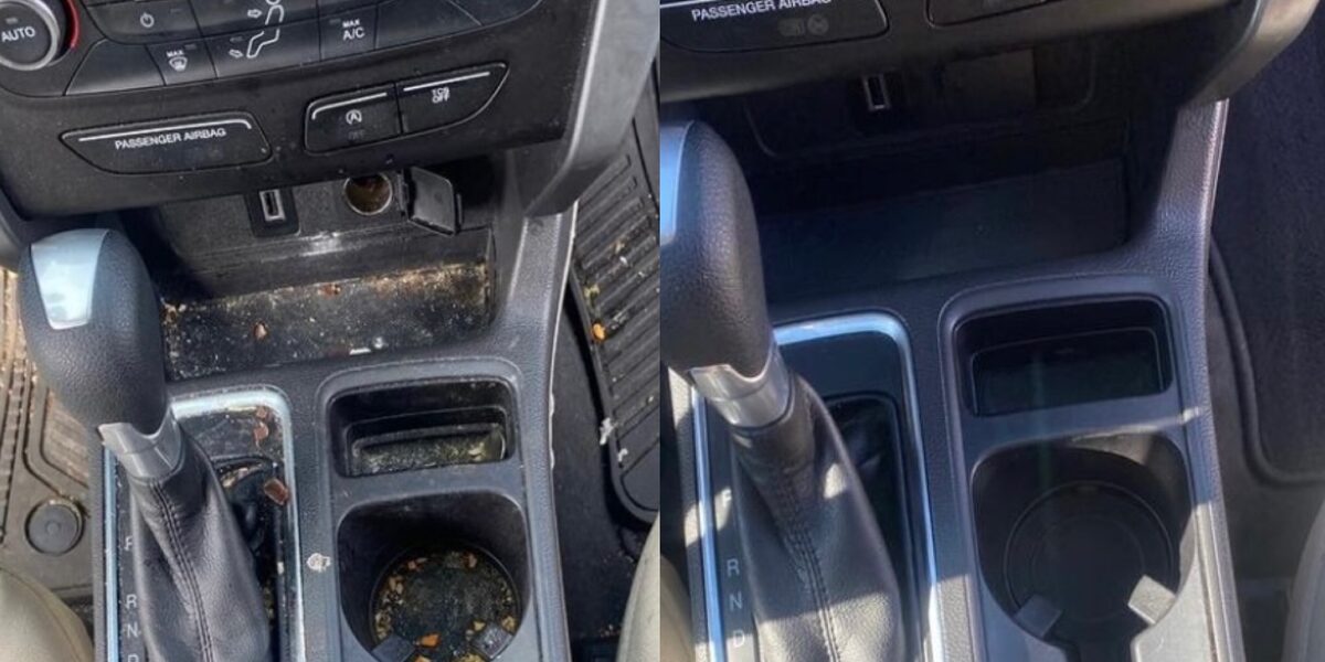 Dirty center console and cupholders before detailing