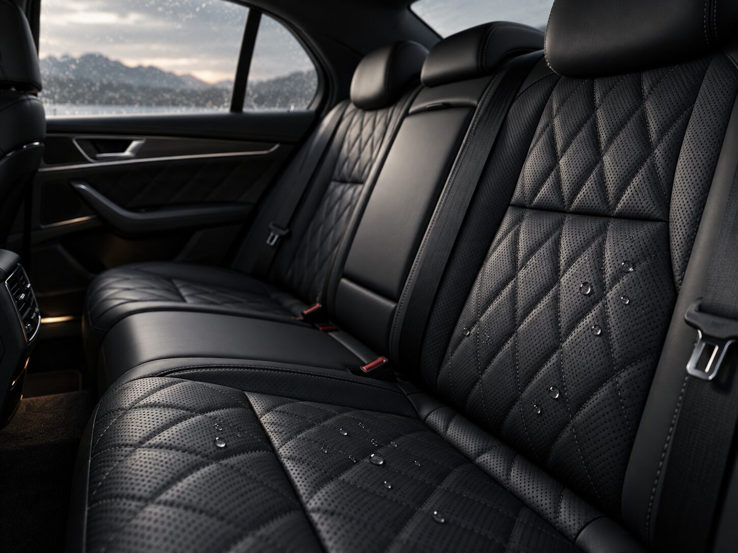 Water beading on coated black quilted leather seats