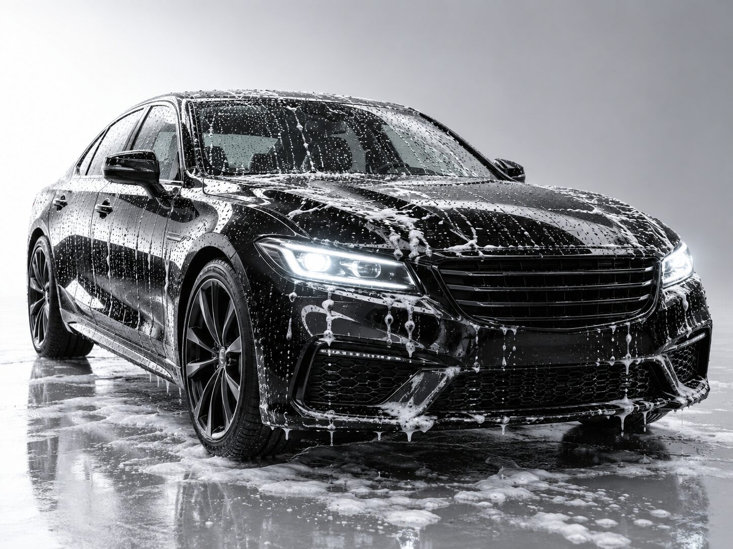 Black sedan covered in water beads against a light grey backdrop