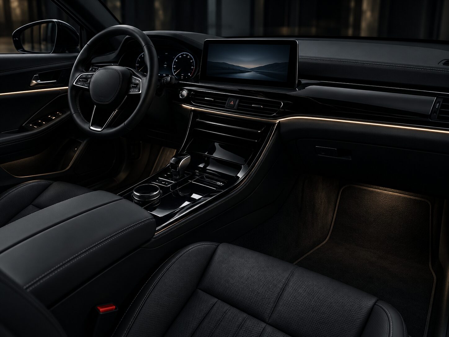 Clean luxury car cockpit with black leather