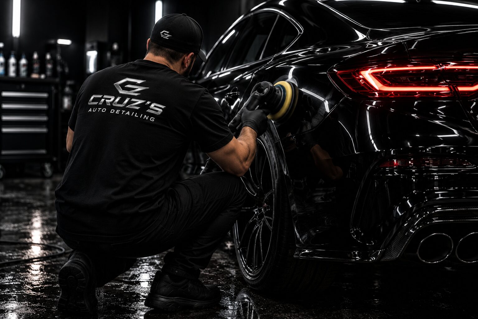 Detailer in a Cruz's Auto Detailing shirt polishing a black sports car
