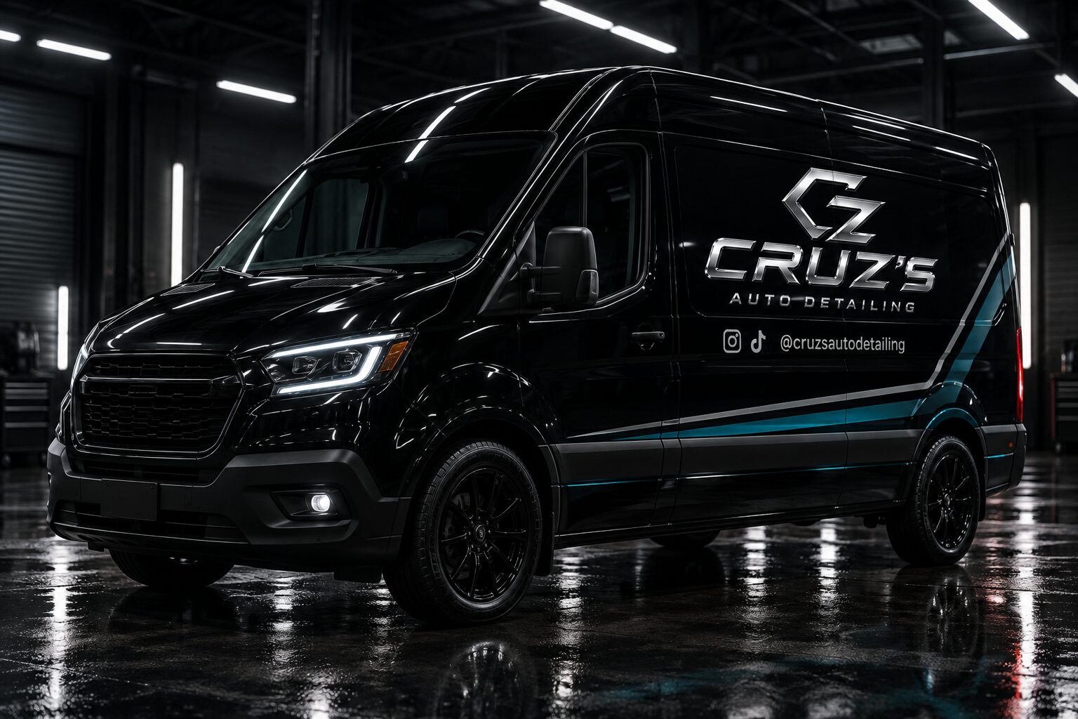 Cruz's Auto Detailing branded van in a dark warehouse