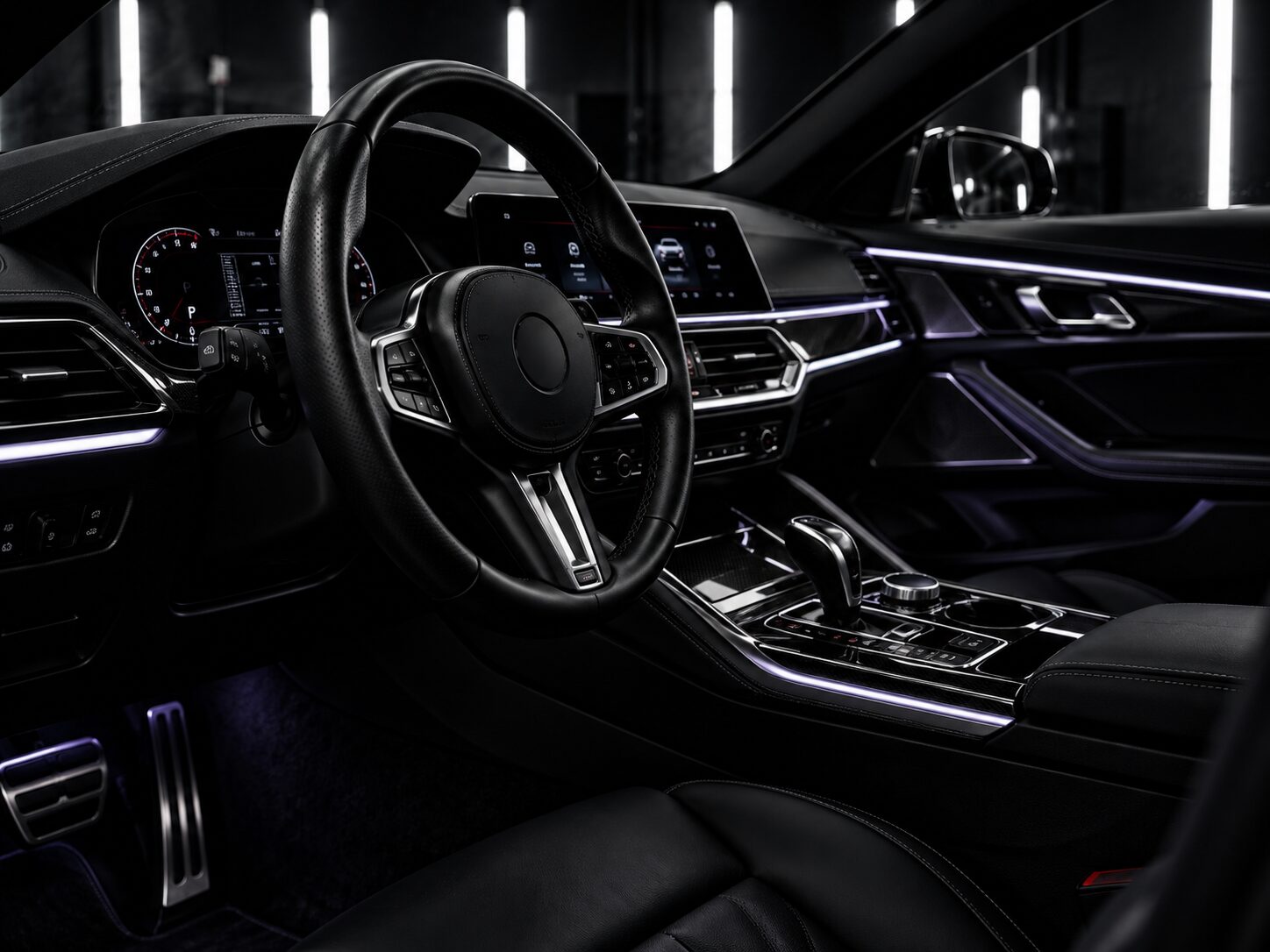 Clean black leather car interior with soft ambient trim lighting