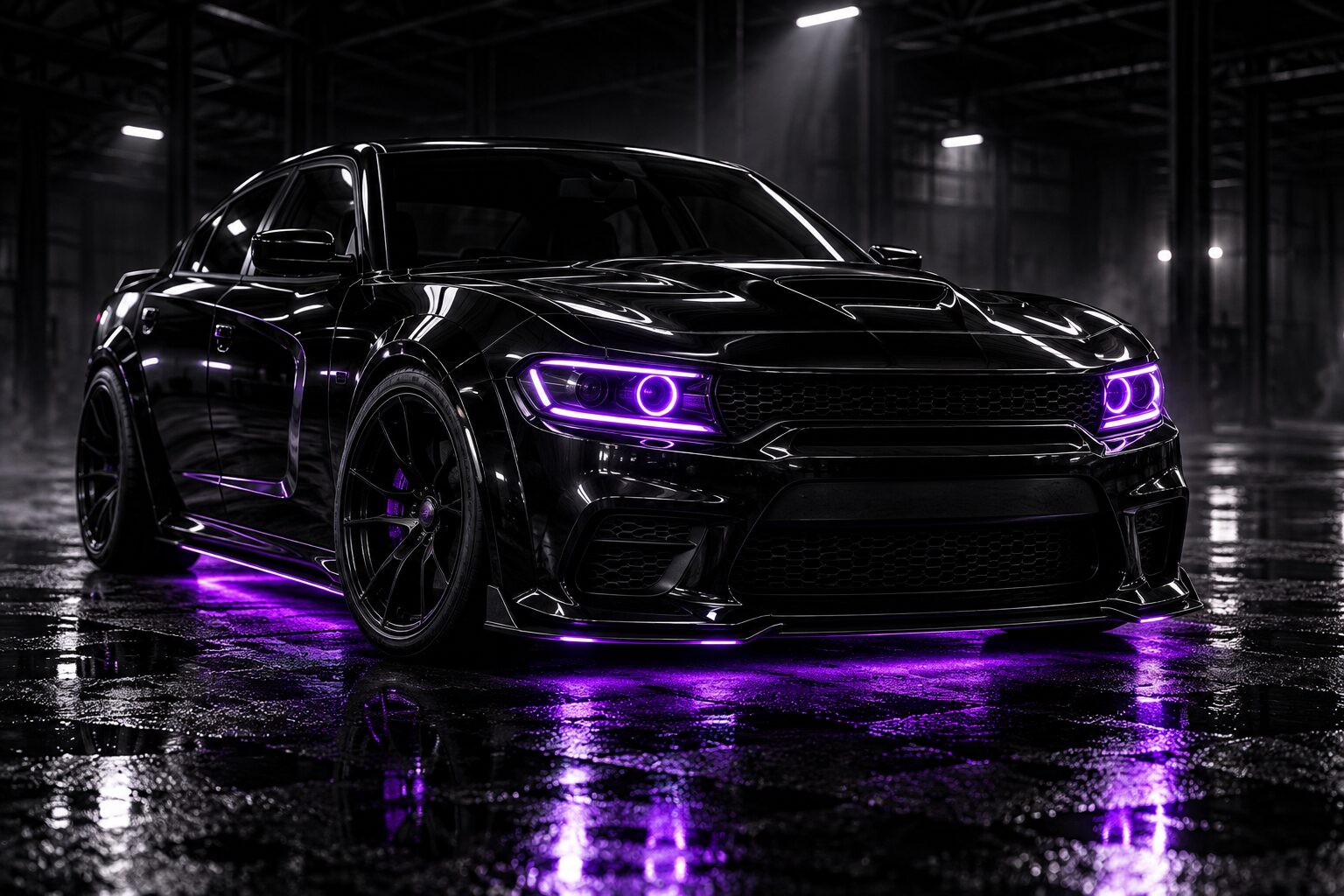 Black muscle sedan with violet halo headlights and underglow