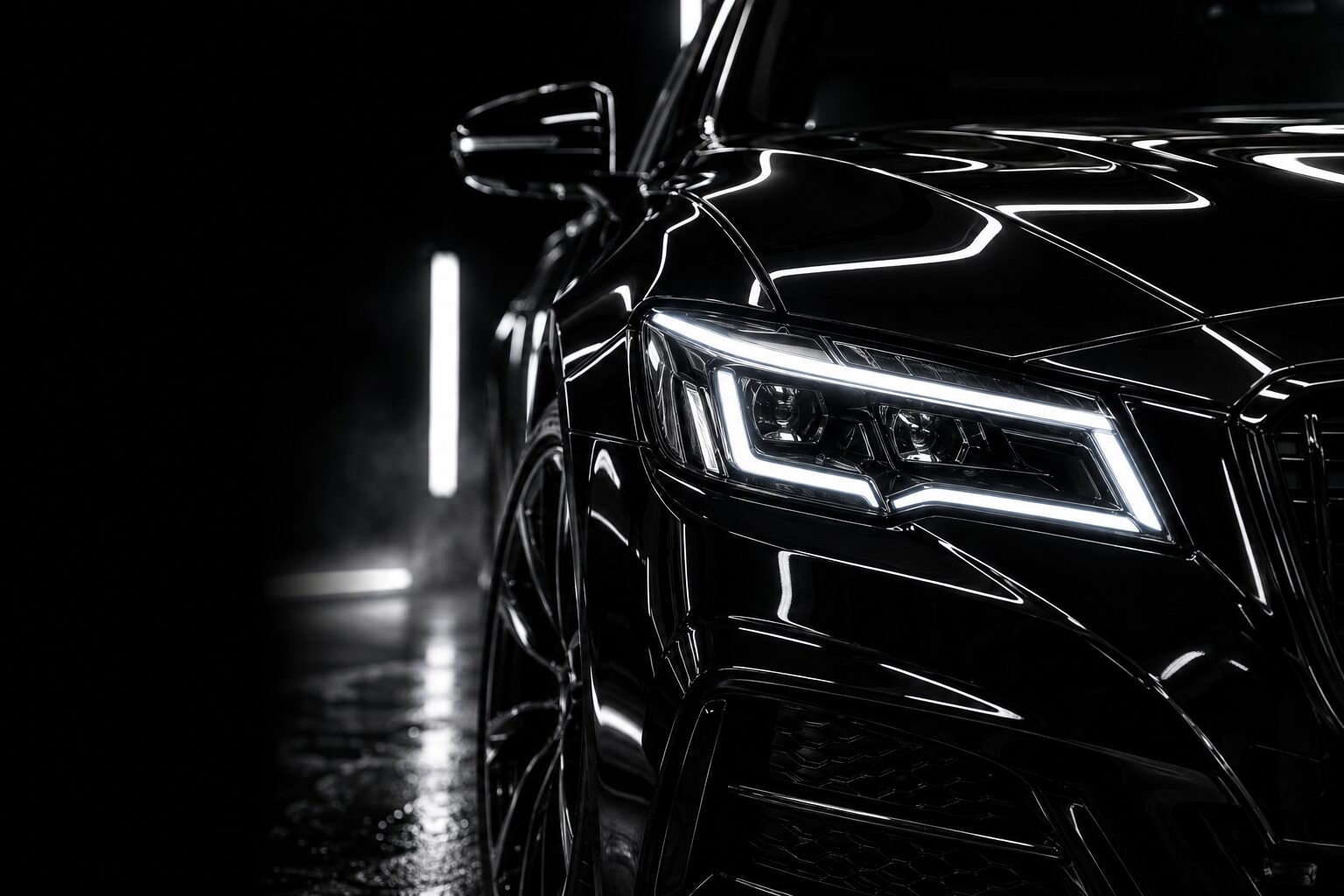 Close-up of a glossy black car's LED headlight in a dark studio