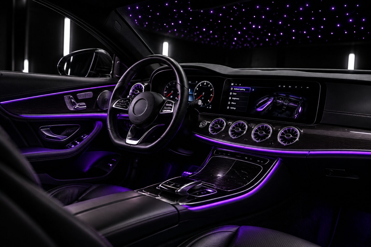 Car interior with violet ambient lighting and a starlight headliner