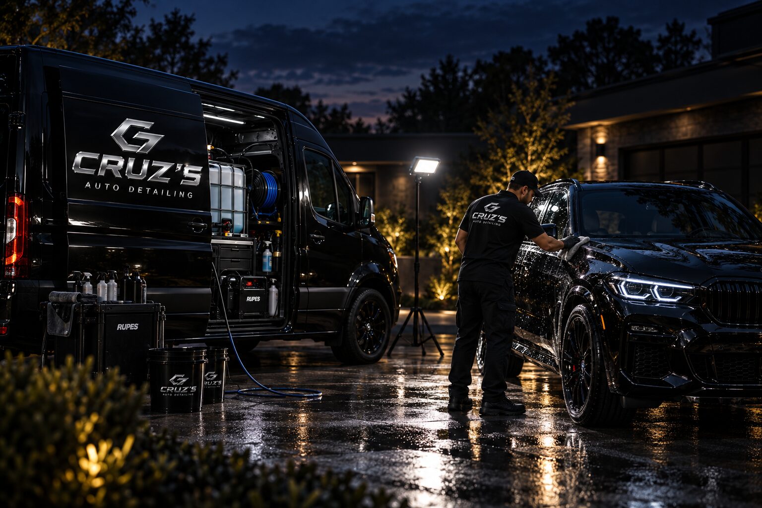 Cruz's mobile detailing van and a detailer working on an SUV at dusk