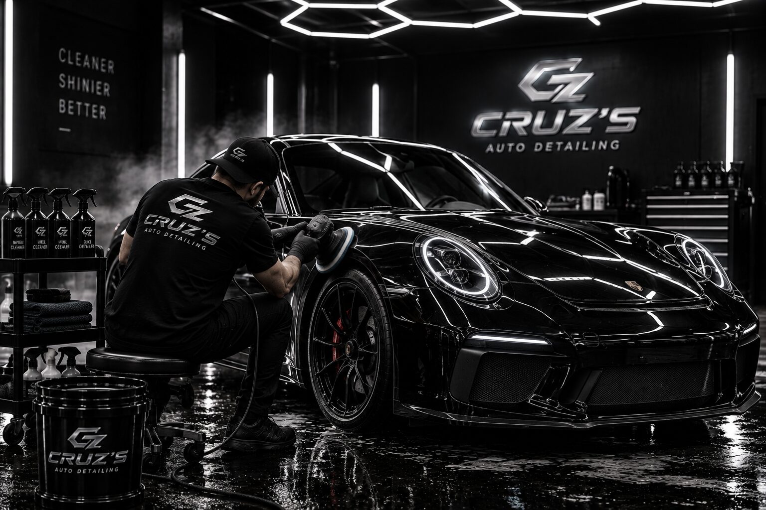 Detailer machine-polishing a black sports car in a dark studio