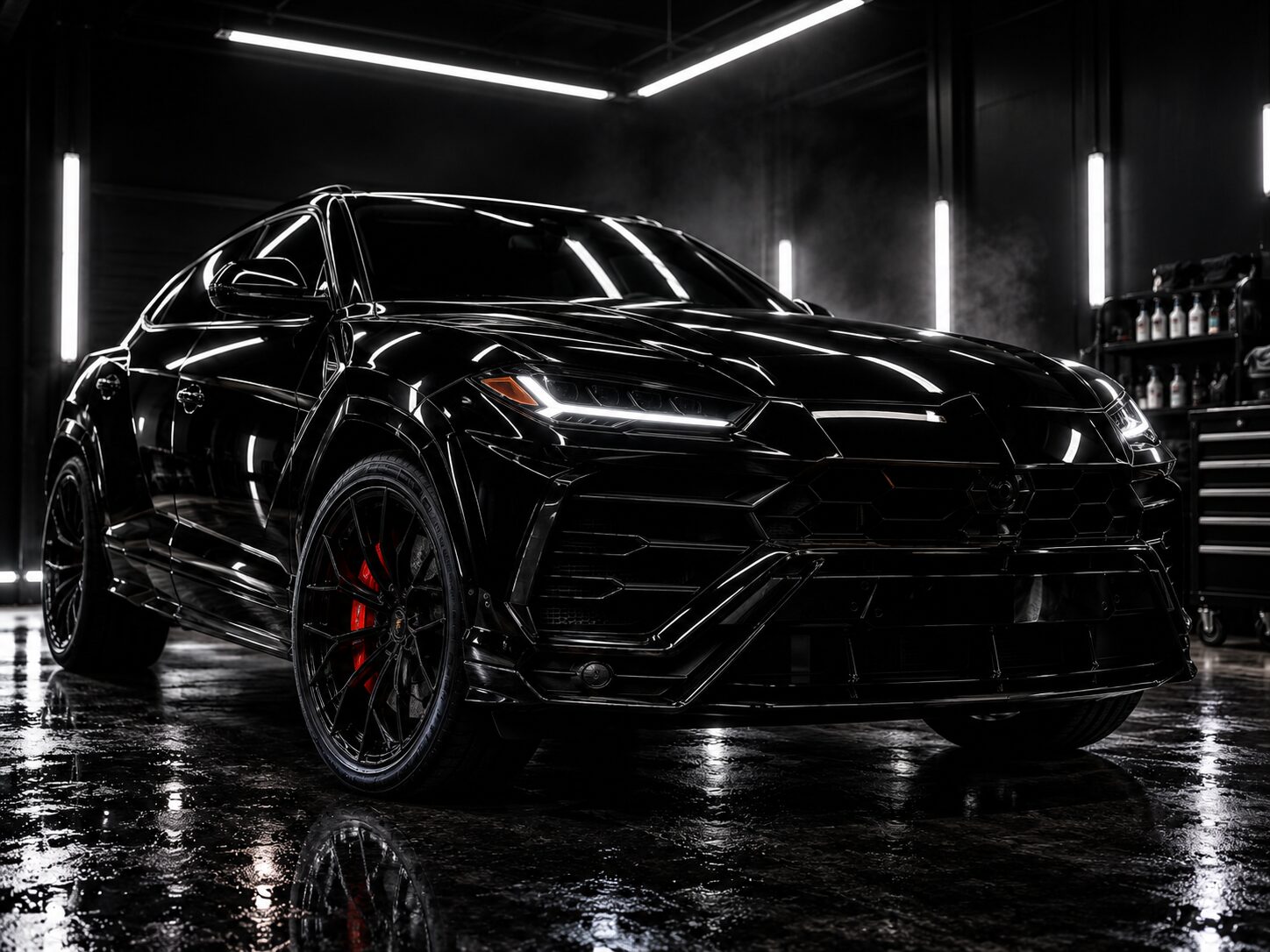 Glossy black SUV in a dark detailing studio