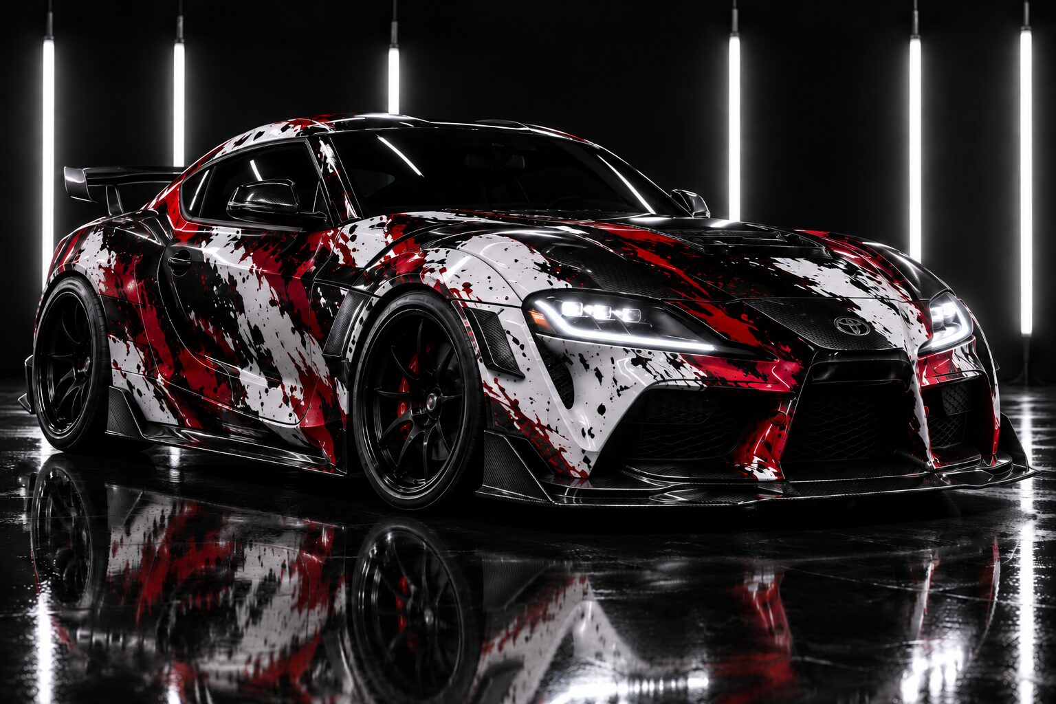 Sports coupe in a custom black, white and red vinyl wrap