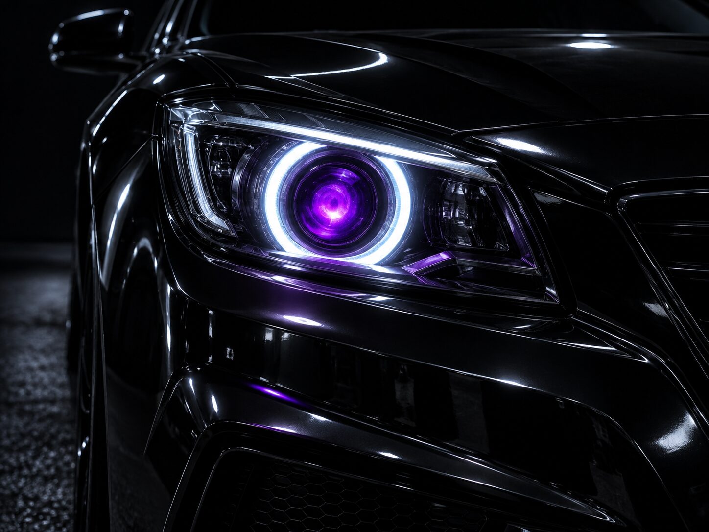 Custom halo headlight with a violet demon eye