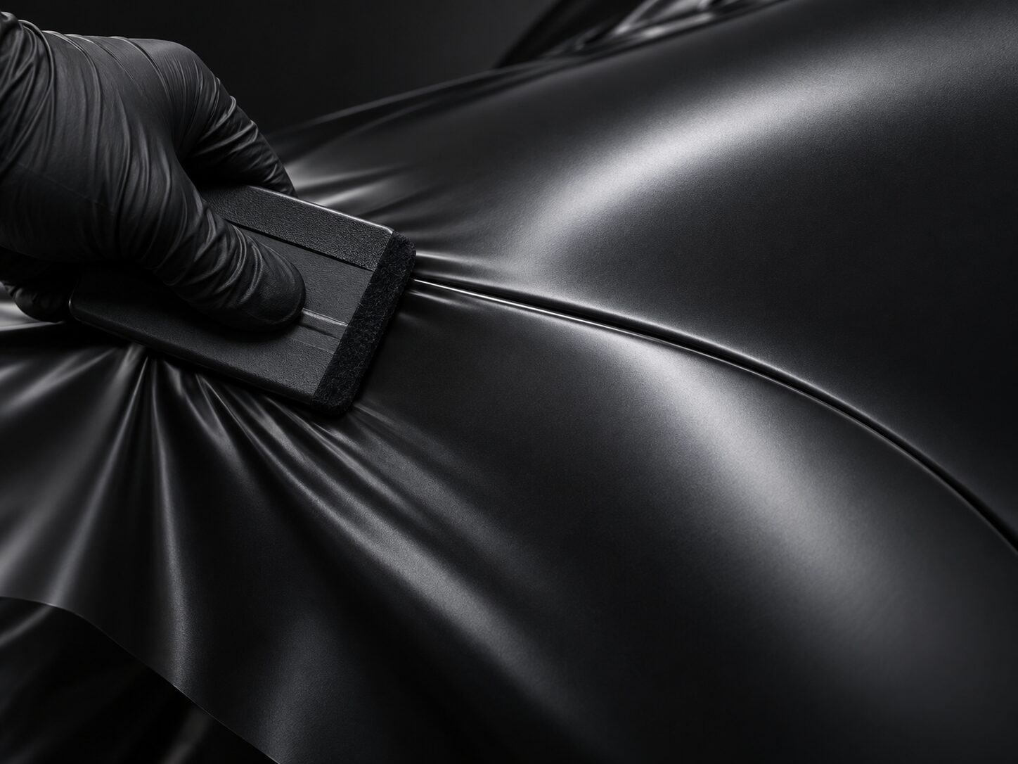 Satin black vinyl being applied to a car panel